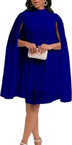 OMZIN Women's Stand Collar Pleated Cape Sleeve Dress Loose Knee Length Club Dress Summer Solid Color Dress in Saudi Arabia