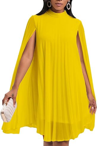 OMZIN Women's Stand Collar Pleated Cape Sleeve Dress Loose Knee Length Club Dress Summer Solid Color Dress in Saudi Arabia