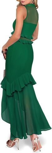 Aisbei Women's Elegant Bodycon Maxi Dress Mock Neck Sleeveless Mesh Ruffle Dress Party Cocktail Formal Wedding Guest Dresses in Saudi Arabia
