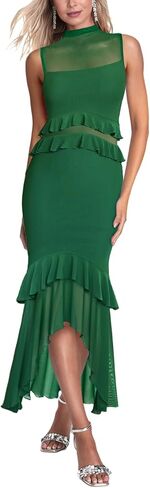 Aisbei Women's Elegant Bodycon Maxi Dress Mock Neck Sleeveless Mesh Ruffle Dress Party Cocktail Formal Wedding Guest Dresses in Saudi Arabia