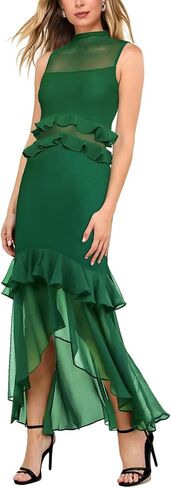Aisbei Women's Elegant Bodycon Maxi Dress Mock Neck Sleeveless Mesh Ruffle Dress Party Cocktail Formal Wedding Guest Dresses in Saudi Arabia