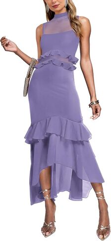 Aisbei Women's Elegant Bodycon Maxi Dress Mock Neck Sleeveless Mesh Ruffle Dress Party Cocktail Formal Wedding Guest Dresses in Saudi Arabia