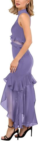 Aisbei Women's Elegant Bodycon Maxi Dress Mock Neck Sleeveless Mesh Ruffle Dress Party Cocktail Formal Wedding Guest Dresses in Saudi Arabia