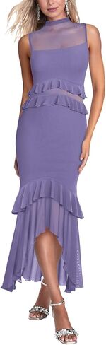 Aisbei Women's Elegant Bodycon Maxi Dress Mock Neck Sleeveless Mesh Ruffle Dress Party Cocktail Formal Wedding Guest Dresses in Saudi Arabia