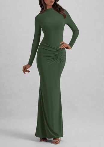 Prettygarden فساتين السقوط للنساء 2025 طويلة الأكمام bodycon الوهمية الرقبة ruched maxi كوكتيل الزفاف فستان الزفاف in Kuwait