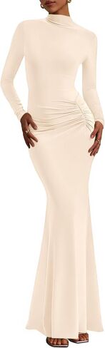 PRETTYGARDEN Fall Dresses for Women 2025 Long Sleeve Bodycon Mock Neck Ruched Maxi Formal Cocktail Wedding Guest Dress in Saudi Arabia
