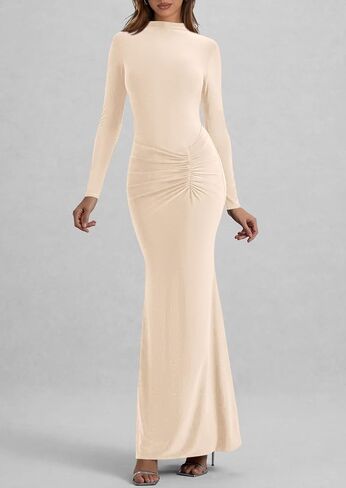 PRETTYGARDEN Fall Dresses for Women 2025 Long Sleeve Bodycon Mock Neck Ruched Maxi Formal Cocktail Wedding Guest Dress in Saudi Arabia
