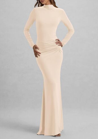 PRETTYGARDEN Fall Dresses for Women 2025 Long Sleeve Bodycon Mock Neck Ruched Maxi Formal Cocktail Wedding Guest Dress in Saudi Arabia