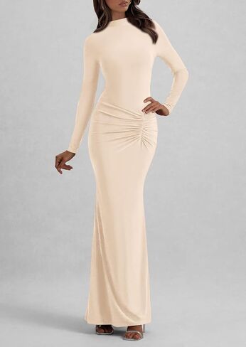 PRETTYGARDEN Fall Dresses for Women 2025 Long Sleeve Bodycon Mock Neck Ruched Maxi Formal Cocktail Wedding Guest Dress in Saudi Arabia