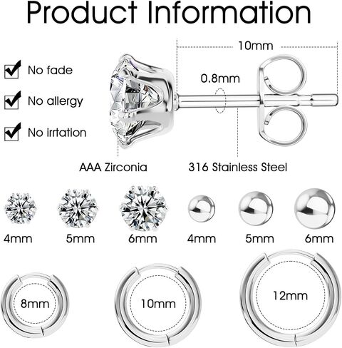 uhibros 6 أزواج من الفولاذ المقاوم للصدأ مقاوم المقاوم للصدأ أقراط مجموعة Zirconia hypoallergenic مكعب in Saudi Arabia