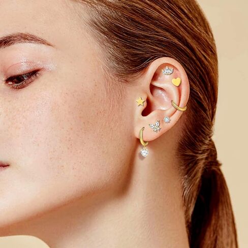 14K Gold Plated Plated Back Strains & Hoops Set - 16 أزواج غضروف الغضروف Hypoallergenic والأطواق الصغيرة للنساء | التصميم الضغوط غير الخيطية ، النجم الصغير ، القمر ، القلب ، ترصيع تشيك تشيكيلالد وأطواق مكتنزة in Kuwait