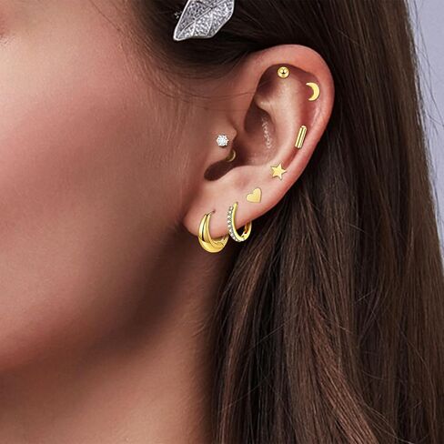 14K Gold Plated Plated Back Strains & Hoops Set - 16 أزواج غضروف الغضروف Hypoallergenic والأطواق الصغيرة للنساء | التصميم الضغوط غير الخيطية ، النجم الصغير ، القمر ، القلب ، ترصيع تشيك تشيكيلالد وأطواق مكتنزة in Kuwait