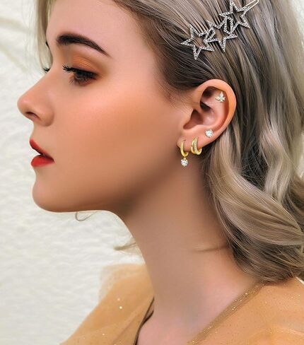 14K Gold Plated Plated Back Strains & Hoops Set - 16 أزواج غضروف الغضروف Hypoallergenic والأطواق الصغيرة للنساء | التصميم الضغوط غير الخيطية ، النجم الصغير ، القمر ، القلب ، ترصيع تشيك تشيكيلالد وأطواق مكتنزة in Kuwait