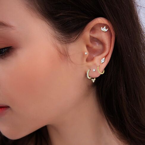 14K Gold Plated Plated Back Strains & Hoops Set - 16 أزواج غضروف الغضروف Hypoallergenic والأطواق الصغيرة للنساء | التصميم الضغوط غير الخيطية ، النجم الصغير ، القمر ، القلب ، ترصيع تشيك تشيكيلالد وأطواق مكتنزة in Kuwait