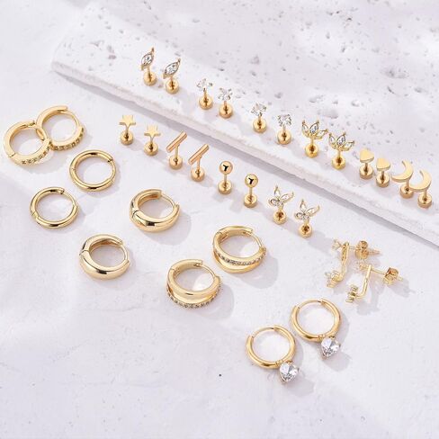 14K Gold Plated Plated Back Strains & Hoops Set - 16 أزواج غضروف الغضروف Hypoallergenic والأطواق الصغيرة للنساء | التصميم الضغوط غير الخيطية ، النجم الصغير ، القمر ، القلب ، ترصيع تشيك تشيكيلالد وأطواق مكتنزة in Kuwait