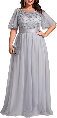 Ever-Pretty Women's Round Neck Short Sleeves Plus Size A-Line Tulle Sequin Formal Evening Dresses 0904-DA2 in Kuwait