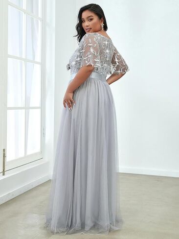Ever-Pretty Women's Round Neck Short Sleeves Plus Size A-Line Tulle Sequin Formal Evening Dresses 0904-DA2 in Kuwait