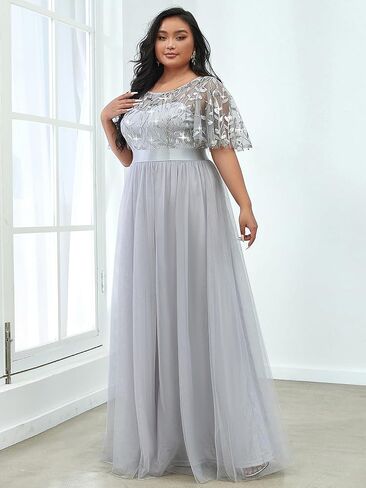 Ever-Pretty Women's Round Neck Short Sleeves Plus Size A-Line Tulle Sequin Formal Evening Dresses 0904-DA2 in Kuwait