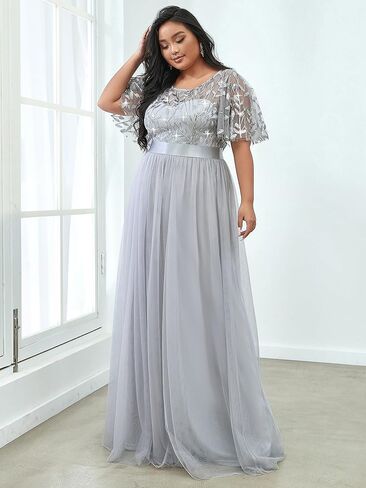Ever-Pretty Women's Round Neck Short Sleeves Plus Size A-Line Tulle Sequin Formal Evening Dresses 0904-DA2 in Kuwait