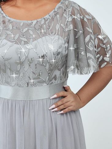 Ever-Pretty Women's Round Neck Short Sleeves Plus Size A-Line Tulle Sequin Formal Evening Dresses 0904-DA2 in Kuwait