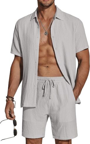 COOFANDY Men's 2 Piece Textured Outfits Beach Button Down Short Sleeve Shirt and Short Sets in Saudi Arabia