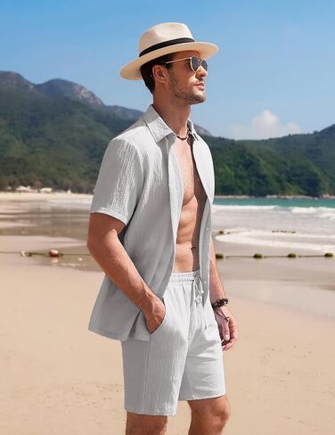 COOFANDY Men's 2 Piece Textured Outfits Beach Button Down Short Sleeve Shirt and Short Sets in Saudi Arabia