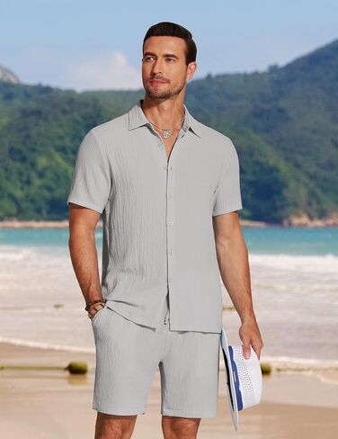 COOFANDY Men's 2 Piece Textured Outfits Beach Button Down Short Sleeve Shirt and Short Sets in Saudi Arabia