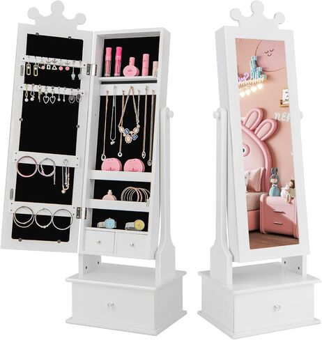 HONEY JOY Kids Jewelry Armoire Cabinet, 2-Angle Tilting Wooden Standing Jewelry Organizer with Full-length Mirror and Storage Drawers, Children Dress Up Jewelry Cabinet for Little Girls (White) in Saudi Arabia