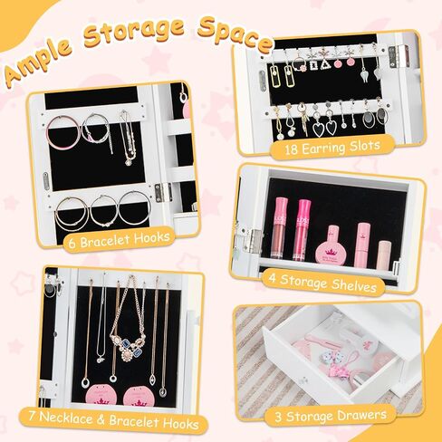 HONEY JOY Kids Jewelry Armoire Cabinet, 2-Angle Tilting Wooden Standing Jewelry Organizer with Full-length Mirror and Storage Drawers, Children Dress Up Jewelry Cabinet for Little Girls (White) in Saudi Arabia