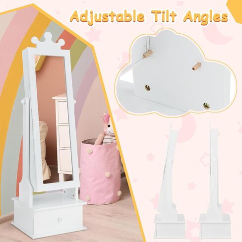 HONEY JOY Kids Jewelry Armoire Cabinet, 2-Angle Tilting Wooden Standing Jewelry Organizer with Full-length Mirror and Storage Drawers, Children Dress Up Jewelry Cabinet for Little Girls (White) in Saudi Arabia