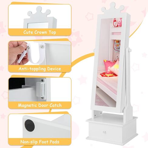 HONEY JOY Kids Jewelry Armoire Cabinet, 2-Angle Tilting Wooden Standing Jewelry Organizer with Full-length Mirror and Storage Drawers, Children Dress Up Jewelry Cabinet for Little Girls (White) in Saudi Arabia