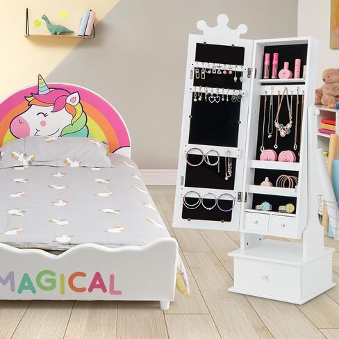 HONEY JOY Kids Jewelry Armoire Cabinet, 2-Angle Tilting Wooden Standing Jewelry Organizer with Full-length Mirror and Storage Drawers, Children Dress Up Jewelry Cabinet for Little Girls (White) in Saudi Arabia