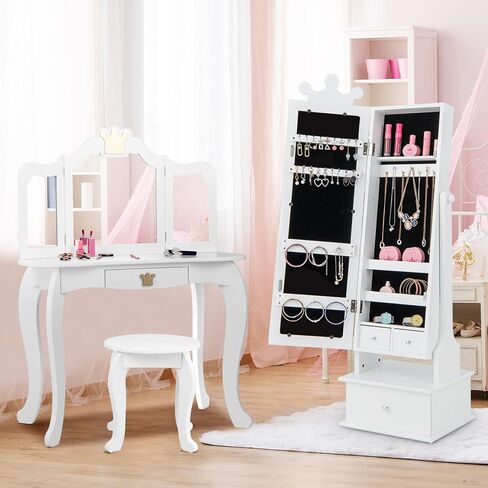 HONEY JOY Kids Jewelry Armoire Cabinet, 2-Angle Tilting Wooden Standing Jewelry Organizer with Full-length Mirror and Storage Drawers, Children Dress Up Jewelry Cabinet for Little Girls (White) in Saudi Arabia
