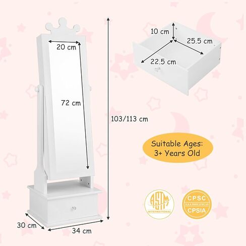 HONEY JOY Kids Jewelry Armoire Cabinet, 2-Angle Tilting Wooden Standing Jewelry Organizer with Full-length Mirror and Storage Drawers, Children Dress Up Jewelry Cabinet for Little Girls (White) in Saudi Arabia