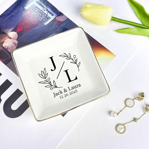 My4gifts Personalized Couple Jewelry Tray – Custom Monogram Ring Holder with Initials and Date, Ceramic Dish for Wedding, Anniversary or Gift for Her in Kuwait