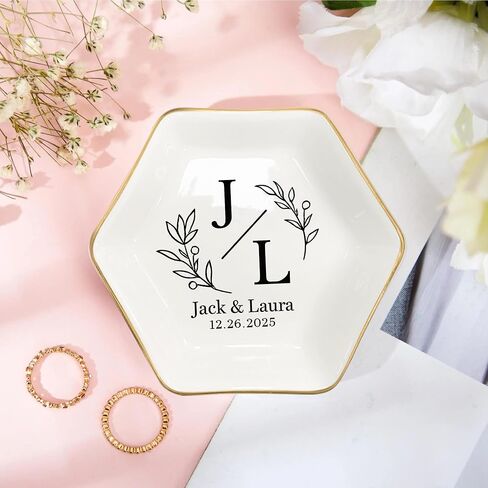 My4gifts Personalized Couple Jewelry Tray – Custom Monogram Ring Holder with Initials and Date, Ceramic Dish for Wedding, Anniversary or Gift for Her in Kuwait