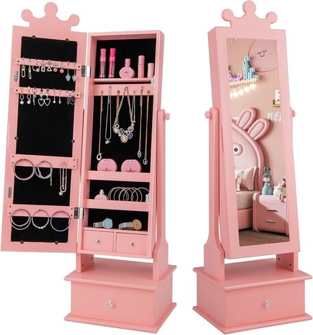 HONEY JOY Kids Jewelry Armoire Cabinet, 2-Angle Tilting Wooden Standing Jewelry Organizer with Full-length Mirror and Storage Drawers, Children Dress Up Jewelry Cabinet for Little Girls (White) in Saudi Arabia