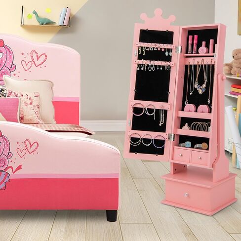 HONEY JOY Kids Jewelry Armoire Cabinet, 2-Angle Tilting Wooden Standing Jewelry Organizer with Full-length Mirror and Storage Drawers, Children Dress Up Jewelry Cabinet for Little Girls (White) in Saudi Arabia