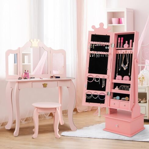 HONEY JOY Kids Jewelry Armoire Cabinet, 2-Angle Tilting Wooden Standing Jewelry Organizer with Full-length Mirror and Storage Drawers, Children Dress Up Jewelry Cabinet for Little Girls (White) in Saudi Arabia
