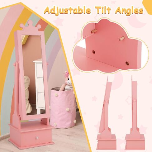 HONEY JOY Kids Jewelry Armoire Cabinet, 2-Angle Tilting Wooden Standing Jewelry Organizer with Full-length Mirror and Storage Drawers, Children Dress Up Jewelry Cabinet for Little Girls (White) in Saudi Arabia