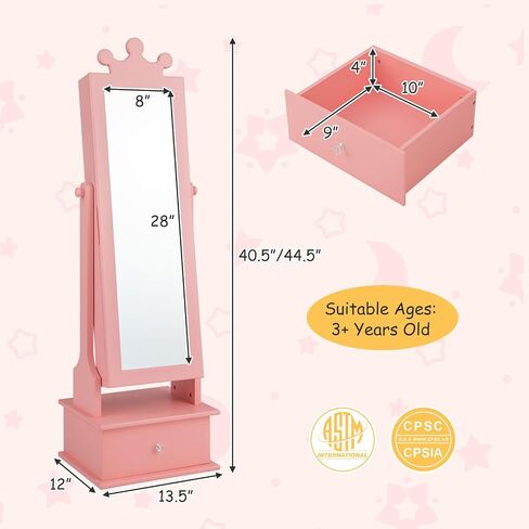 HONEY JOY Kids Jewelry Armoire Cabinet, 2-Angle Tilting Wooden Standing Jewelry Organizer with Full-length Mirror and Storage Drawers, Children Dress Up Jewelry Cabinet for Little Girls (White) in Saudi Arabia