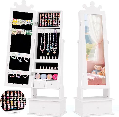 HONEY JOY Kids Jewelry Armoire Cabinet, 2-Angle Tilting Wooden Standing Jewelry Organizer with Full-length Mirror and Storage Drawers, Children Dress Up Jewelry Cabinet for Little Girls (White) in Saudi Arabia