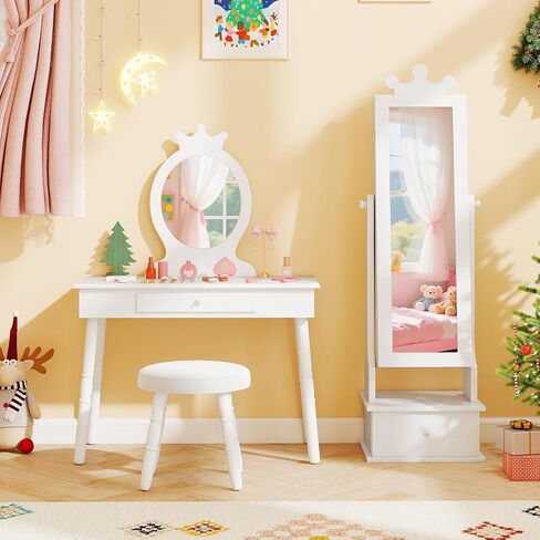 HONEY JOY Kids Jewelry Armoire Cabinet, 2-Angle Tilting Wooden Standing Jewelry Organizer with Full-length Mirror and Storage Drawers, Children Dress Up Jewelry Cabinet for Little Girls (White) in Saudi Arabia