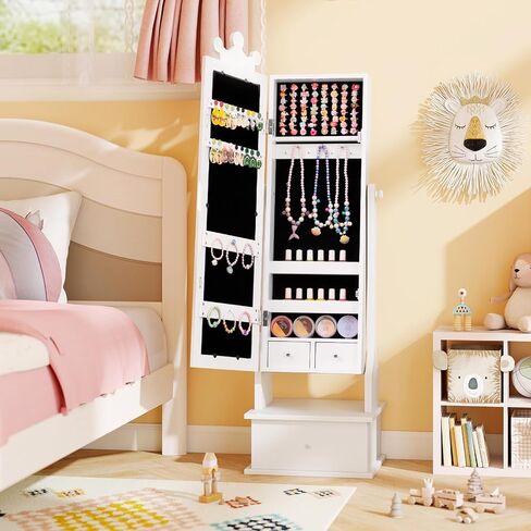 HONEY JOY Kids Jewelry Armoire Cabinet, 2-Angle Tilting Wooden Standing Jewelry Organizer with Full-length Mirror and Storage Drawers, Children Dress Up Jewelry Cabinet for Little Girls (White) in Saudi Arabia