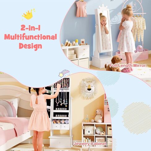 HONEY JOY Kids Jewelry Armoire Cabinet, 2-Angle Tilting Wooden Standing Jewelry Organizer with Full-length Mirror and Storage Drawers, Children Dress Up Jewelry Cabinet for Little Girls (White) in Saudi Arabia