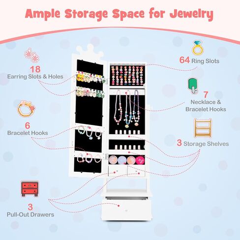 HONEY JOY Kids Jewelry Armoire Cabinet, 2-Angle Tilting Wooden Standing Jewelry Organizer with Full-length Mirror and Storage Drawers, Children Dress Up Jewelry Cabinet for Little Girls (White) in Saudi Arabia