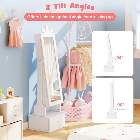 HONEY JOY Kids Jewelry Armoire Cabinet, 2-Angle Tilting Wooden Standing Jewelry Organizer with Full-length Mirror and Storage Drawers, Children Dress Up Jewelry Cabinet for Little Girls (White) in Saudi Arabia