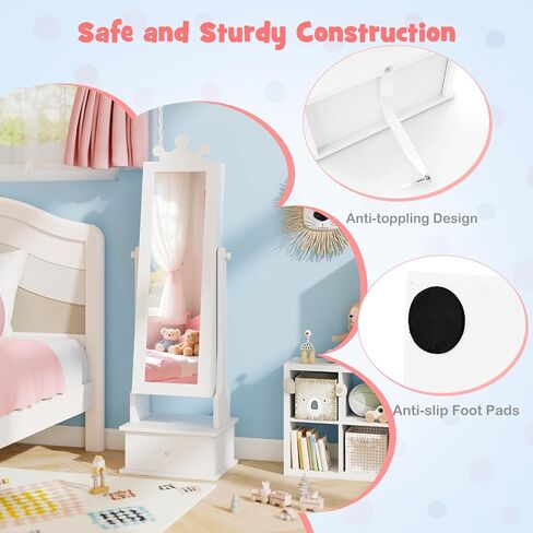 HONEY JOY Kids Jewelry Armoire Cabinet, 2-Angle Tilting Wooden Standing Jewelry Organizer with Full-length Mirror and Storage Drawers, Children Dress Up Jewelry Cabinet for Little Girls (White) in Saudi Arabia