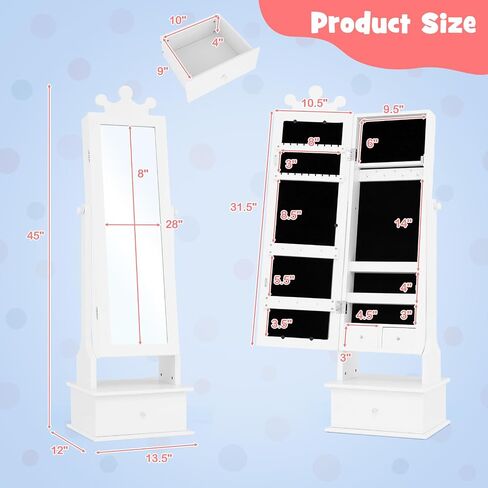 HONEY JOY Kids Jewelry Armoire Cabinet, 2-Angle Tilting Wooden Standing Jewelry Organizer with Full-length Mirror and Storage Drawers, Children Dress Up Jewelry Cabinet for Little Girls (White) in Saudi Arabia