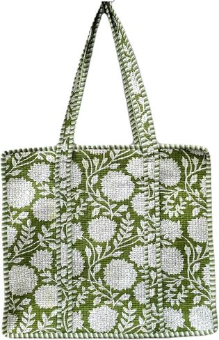 Quilted Cotton Handprinted Block print Reversible Large multicolor Floral Tote Bag (COTTON, GREEN,FLORAL) in Saudi Arabia